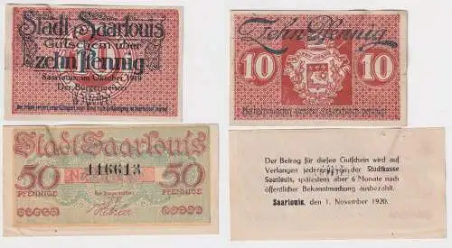 10 & 50 Pfennig Banknoten Notgeld Stadt Saarlouis 1919/1920 (168969)