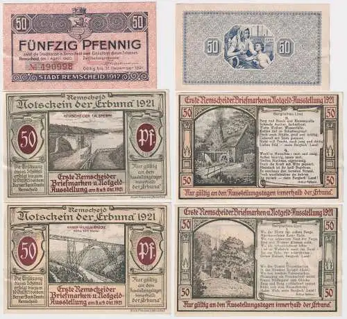3 x  50 Pfennig Banknoten Notgeld Stadt Remscheid 1917/1921 (168893)