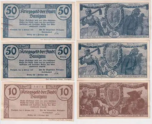 10 und 2 x 50 Pfennig Banknoten Notgeld Stadt Saulgau 1920 (168886)