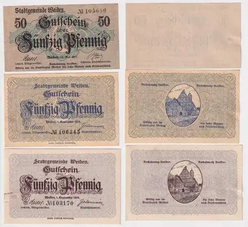 3 x 50 Pfennig Banknoten Notgeld Stadtgemeinde Weiden 1917/1918 (168944)