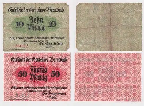 10 & 50 Pfennig Banknoten Notgeld Gemeinde Bernsbach 1917 (168954)