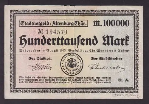 Banknote Inflation 100000 Mark Stadt Altenburg August 1923 (116021)