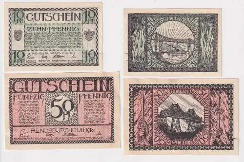 10 & 50 Pfennig Banknoten Notgeld Stadt Rendsburg 1.Juli 1918 (168987)