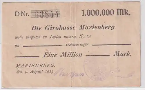 1 Million Mark Banknote Girokasse Marienberg 9.August 1923 (131066)