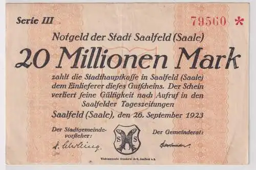 Inflation Banknote 20 Millionen Mark Saalfeld Saale 26.9.1923 (146160)