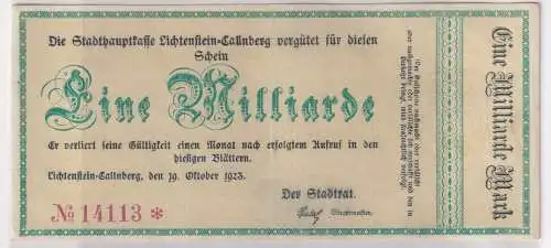 1 Milliarde Mark Banknote Inflation Lichtenstein Callnberg 19.10.1923 (122826)