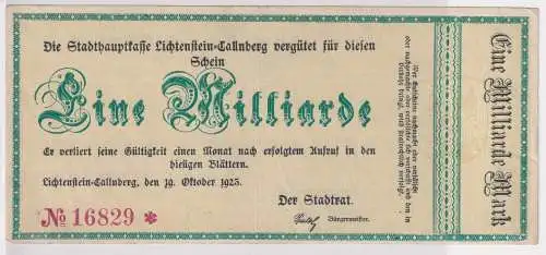 1 Milliarde Mark Banknote Inflation Lichtenstein Callnberg 19.10.1923 (140335)