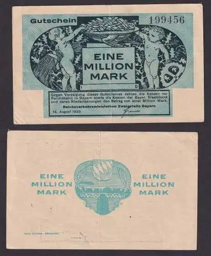 Banknote 1 Million Mark Notgeld Reichsverkehrsministerium Bayern 1923 (112285)