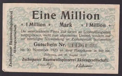 Banknote Inflation 1 Million Mark Zschopauer Baumwollspinnerei 30.8.1923(101256)