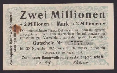 Banknote Inflation 2 Millionen Mark Zschopauer Baumwollspinnerei 1923 (119161)