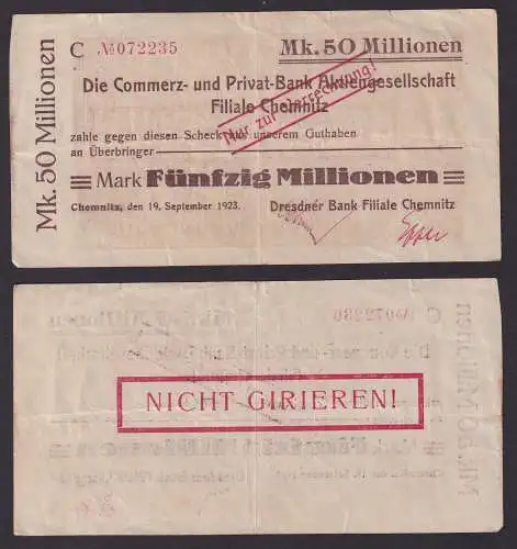 Banknote Inflation 50 Millionen Chemnitz 19.09.1923 (116046)