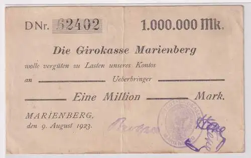 1 Million Mark Banknote Girokasse Marienberg 9.August 1923 (133595)