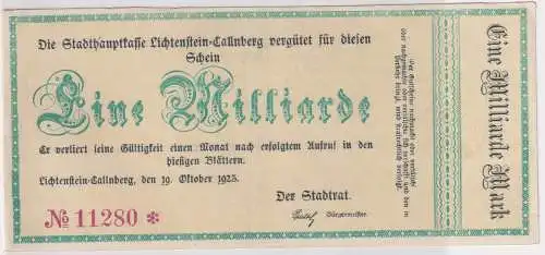 1 Milliarde Mark Banknote Inflation Lichtenstein Callnberg 19.10.1923 (122824)