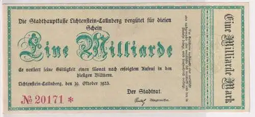 1 Milliarde Mark Banknote Inflation Lichtenstein Callnberg 19.10.1923 (145264)