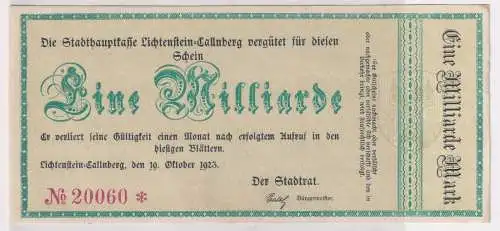 1 Milliarde Mark Banknote Inflation Lichtenstein Callnberg 19.10.1923 (146369)