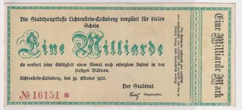 1 Milliarde Mark Banknote Inflation Lichtenstein Callnberg 19.10.1923 (120991)