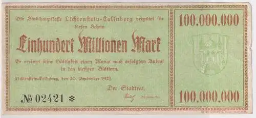 100 Millionen Mark Banknote Inflation Lichtenstein Callnberg 20.9.1923 (142343)