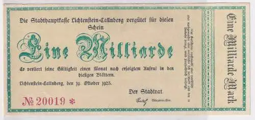 1 Milliarde Mark Banknote Inflation Lichtenstein Callnberg 19.10.1923 (146499)