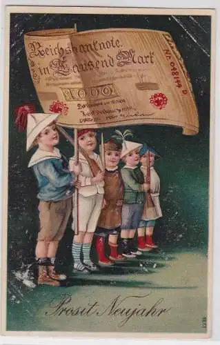 90899 Glückwunsch Präge AK Prosit Neujahr - Kinder halten Banknote hoch 1909