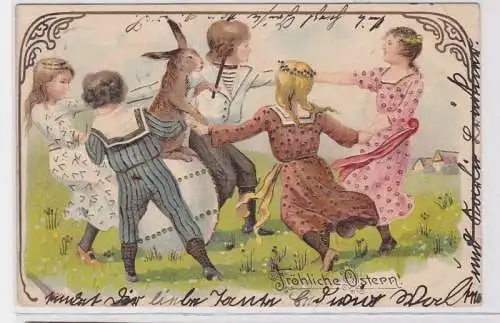 90534 Glückwunsch AK Fröhliche Ostern - Kinder tanzen im Kreis um Hasen 1906
