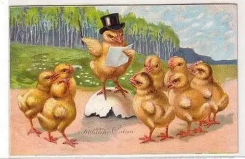 60218 Fröhliche Ostern Ak Küken mit Zylinder dirigiert Kükenchor um 1915