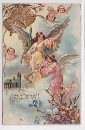 98013 Fröhliche Ostern Präge Ak Engel mit Glocke und Posaune 1900