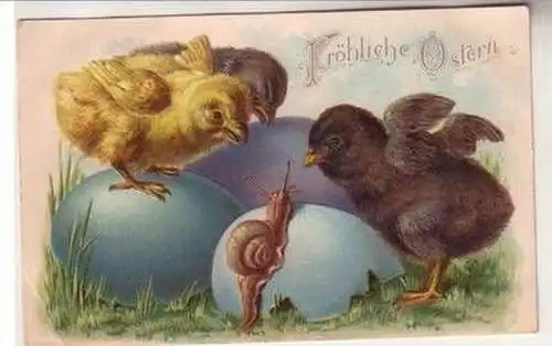 57627 Fröhliche Ostern Präge Ak 3 Küken, Eier und Schnecke 1909