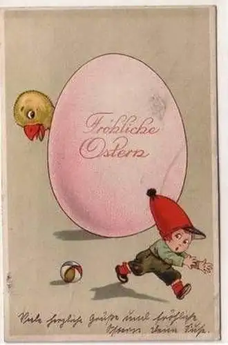 58221 Ak Fröhliche Ostern - Kind erschrickt vor verstecktem Küken 1928
