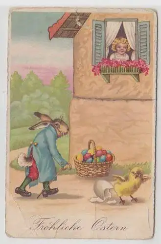 29607 Fröhliche Ostern Ak Kind schaut auf Hasen und Küken 1930