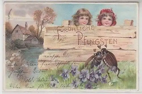58523 Fröhliche Pfingsten Ak 2 Maikäfer und 2 Kinder 1903