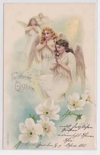 61796 Fröhliche Ostern Ak 4 Engel mit Blumen beim Gebet 1907