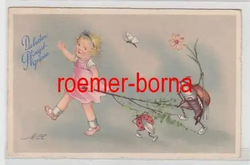 79654 Pfingst Ak Kind mit Maikäfer, Marienkäfer, Schmetterling 1940