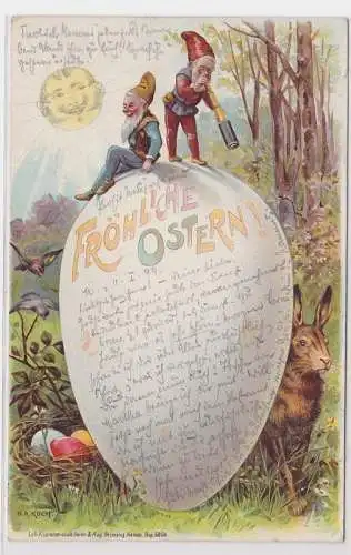 74620 Glückwunsch AK Fröhliche Ostern! zwei Zwerge auf einem Osterei 1899