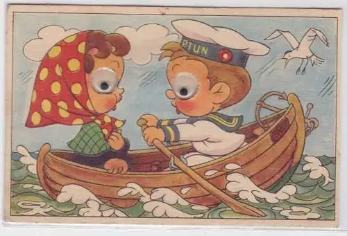 61951 mechanische Ak Paar in Ruderboot bei Wellengang Matrose Smut 1955