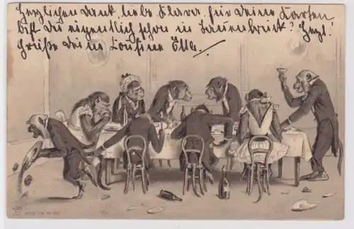 21921 geprägte Künstler Ak Affen an großer Tafel beim Essen 1905