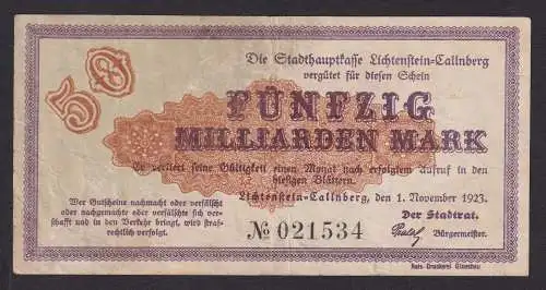 50 Milliarden Mark Banknote Inflation Lichtenstein Callnberg 1.11.1923 (118405)