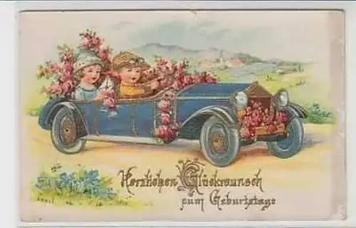26007 Geburtstags Ak Auto mit Blumenschmuck um 1920