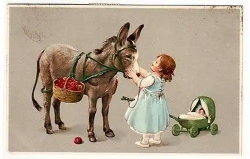 64760 Kitsch Ak Kind mit Kinderwagen und Esel mit Äpfeln 1917