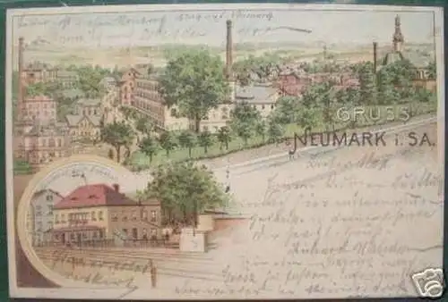 schöne Ak Gruss aus Neumark i.Sa Gasthof zum Bahnhof