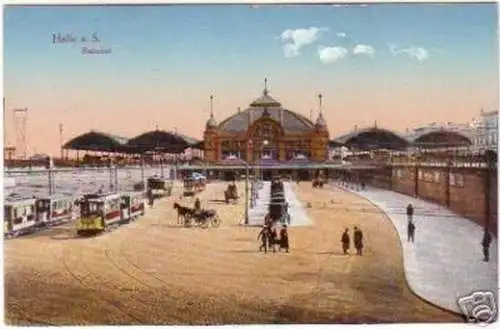 18274 Ak Halle an der Saale Bahnhof Straßenbahnen 1910