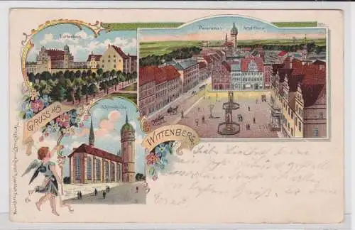 41220 Lithografie AK Gruss aus Wittenberg - Lutherhaus, Schlosskirche & Panorama