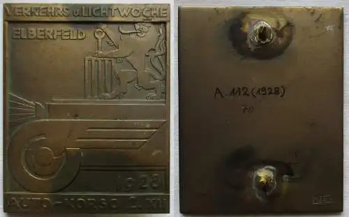 rare Bronze Plakette Verkehrs & Lichtwoche Elberfeld Auto Korso 1928 (147644)