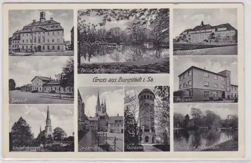 85785 Mehrbild Ak Burgstädt - Ratshaus, Siegerturm, Wettinhain, Postamt 1940