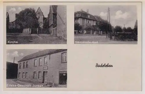 65087 Ak Badeleben Kirche, Gemeindeamt, Edeka Geschäft Jordan um 1940