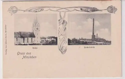 82782 Mehrbild Ak Gruß aus Minsleben bei Wernigerode Kirche und Zuckerfabrik 