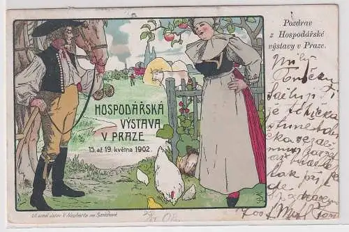 36149 AK Lithographie Prag, Hospodarska Vystava 1902, Bauern mit Huhn