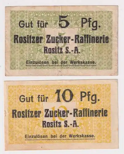 2 Banknoten Notgeld Rositzer Zucker Raffinerie 5 & 10 Pfennig Rositz (159022)