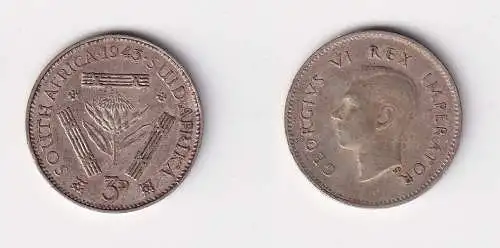 3 Pence Silber Kursmünze Südafrika 1943 ss+ (154039)