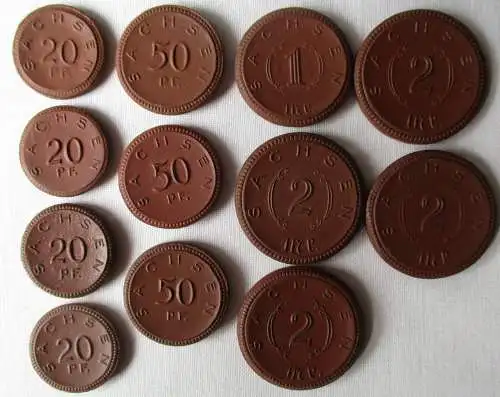 12x Porzellan Notgeld Münzen 20 Pfennig - 2 Mark Sachsen 1921 (163236)