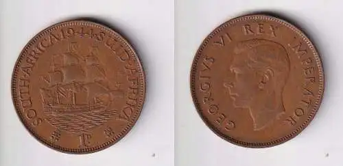 1 Penny Bronze Münze Südafrika 1944 König Georg VI. ss+ (169801)